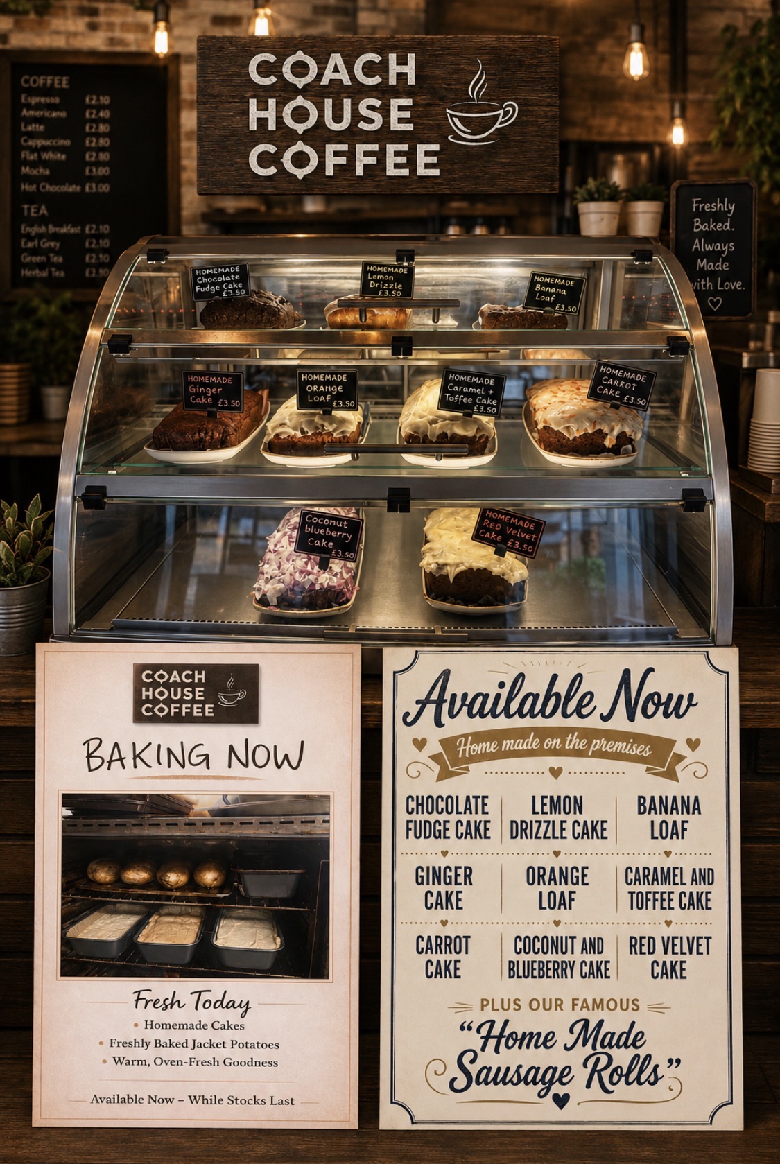 Coach House Coffee counter with cakes and café menus