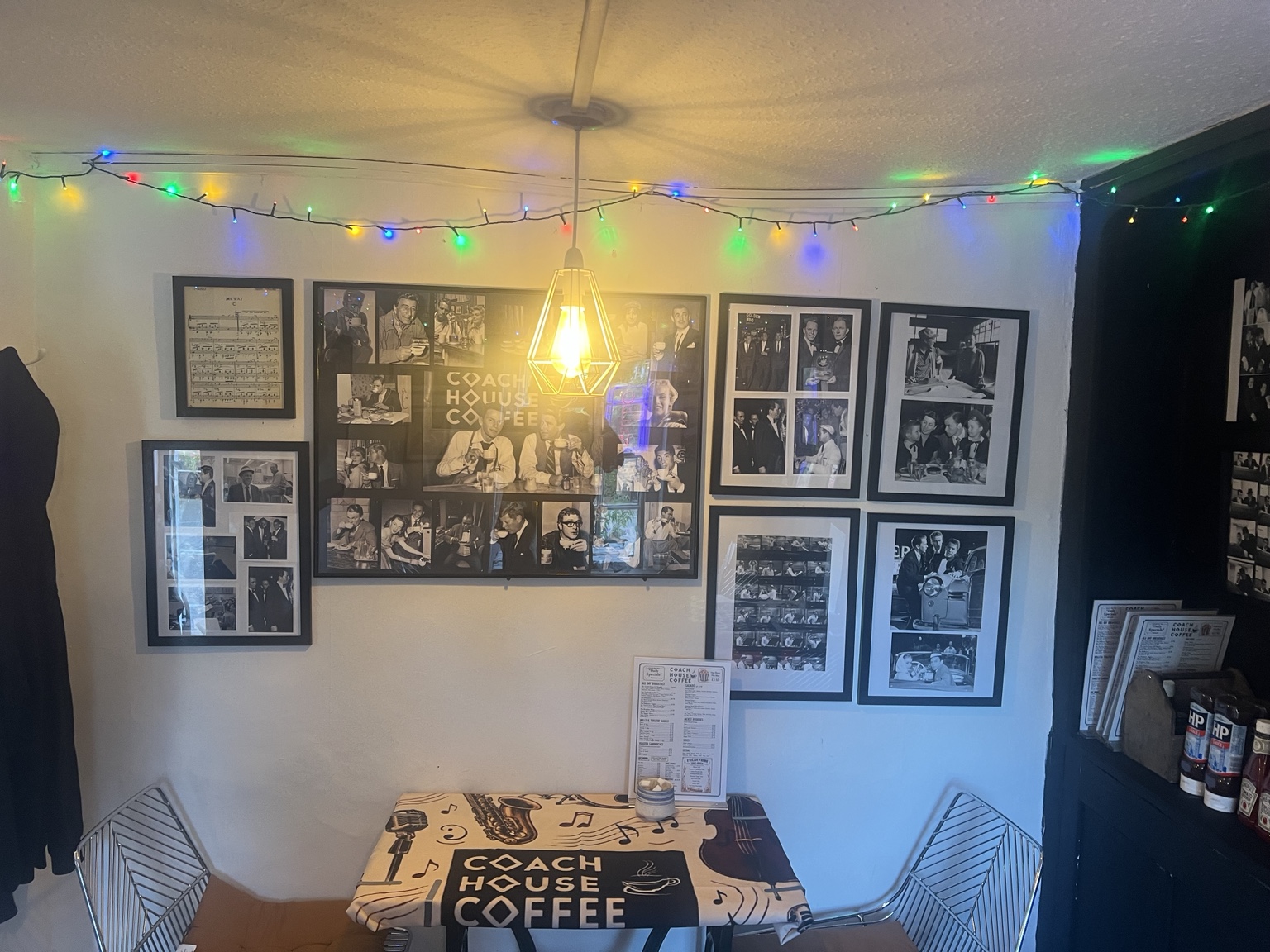 Jazz and Rat Pack picture wall inside Coach House Coffee