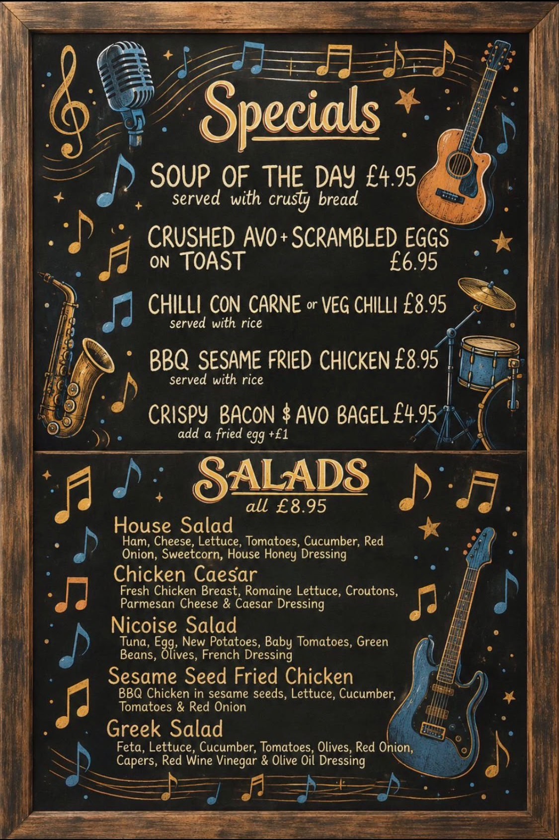 Coach House Coffee specials and salads menu