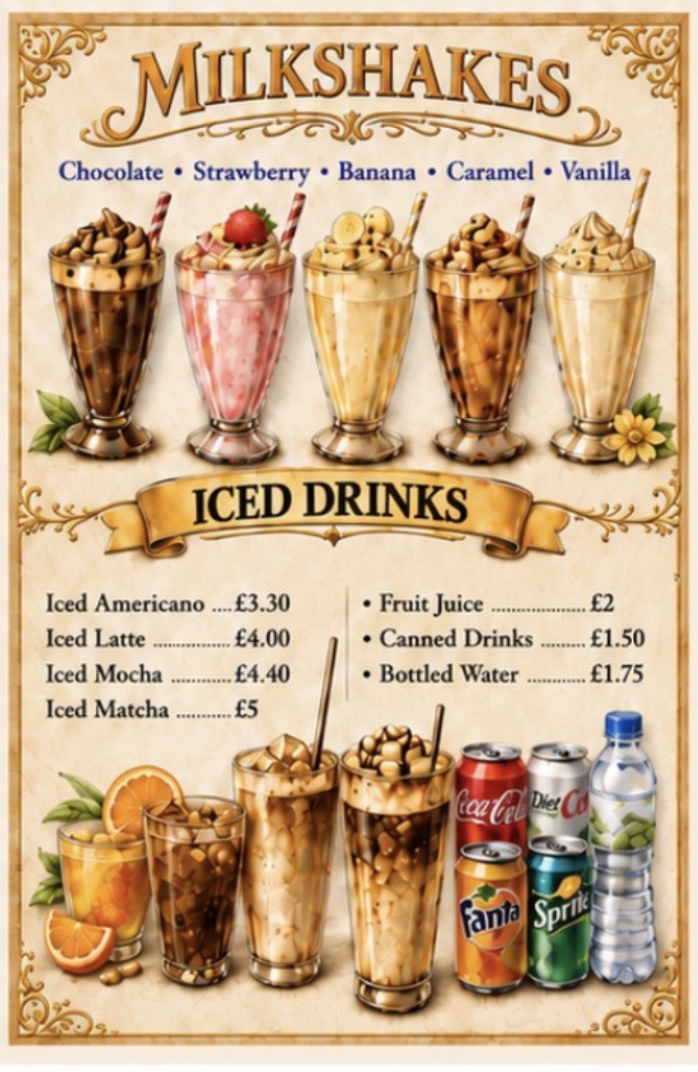 Coach House Coffee milkshakes and iced drinks menu