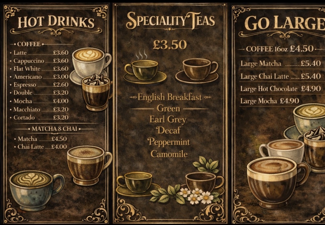 Coach House Coffee hot drinks menu
